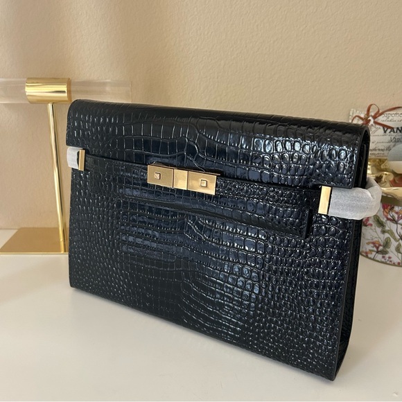 Handbags - Black Croc Embossed Clutch with Gold Accents